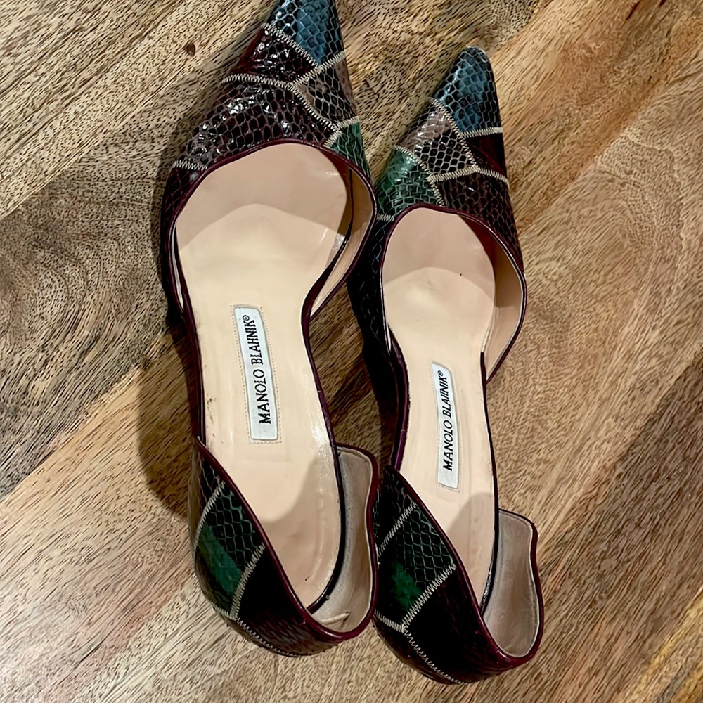 Manolo  snake skin kitten heels with leather upper